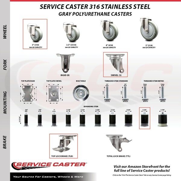 Service Caster 3 Inch 316SS Gray Polyurethane Swivel 1-3/4 Inch Expanding Stem Caster Brake SCC-SS316EX20S314-PPUB-TLB-134 - main